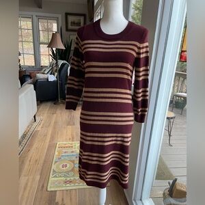 J. Crew Burgundy and Tan Charley Long Sleeve Dress